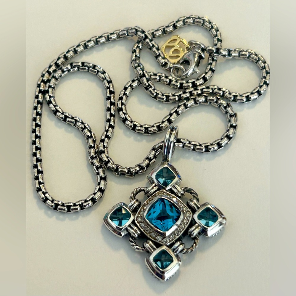 David Yurman Sterling Blue Topaz Diamond Accent Maltese Cross Pendant Box Chain